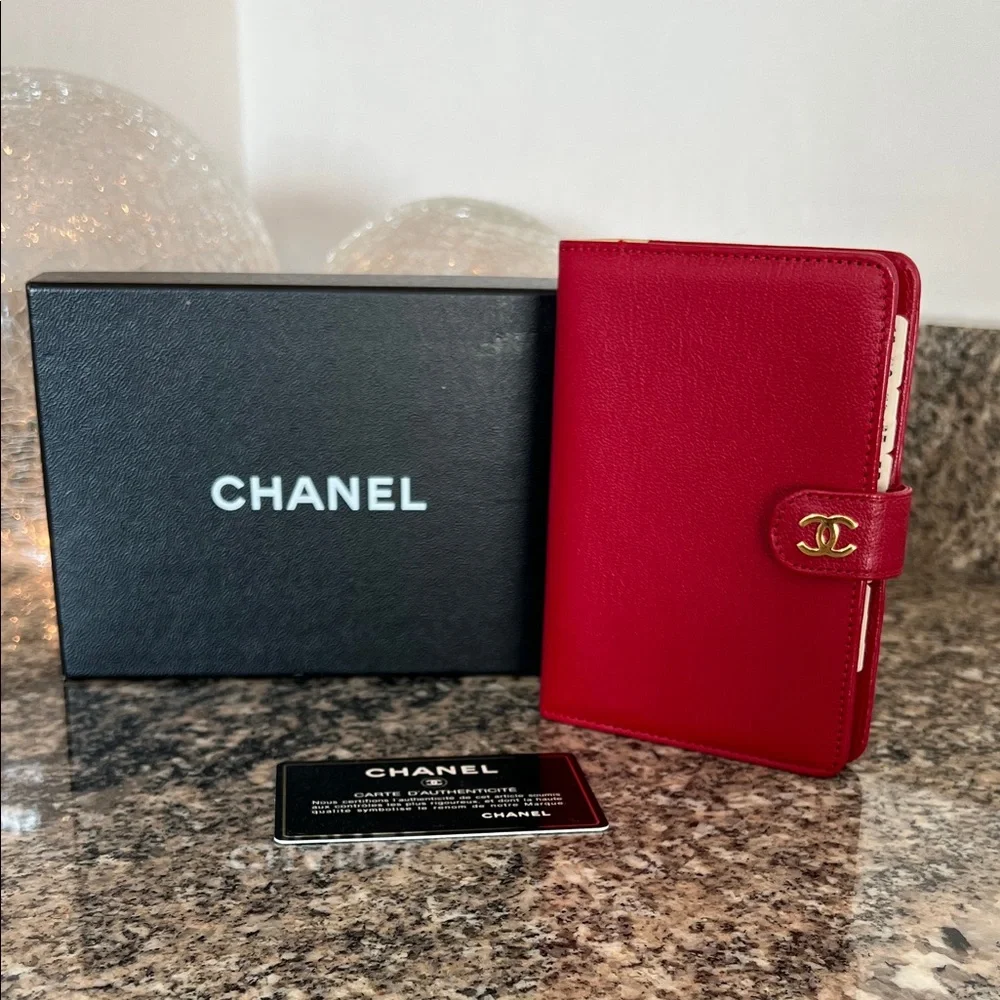 CHANEL Red Leather CC Logo Notebook Cover with Gold Hardware